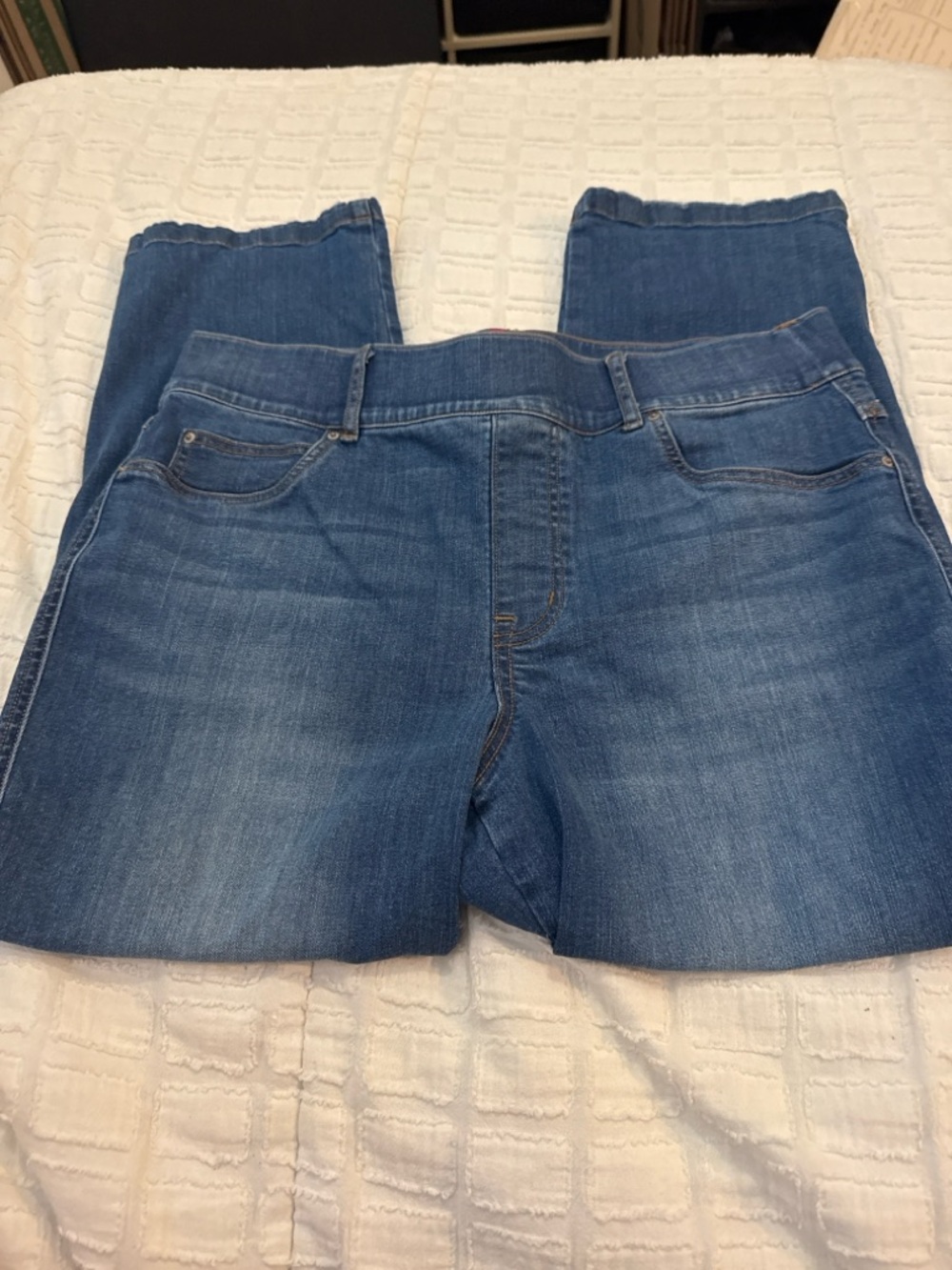 SPANX Jeans Women XL Dark Wash Straight Leg Pull On High Rise Stretch Denim